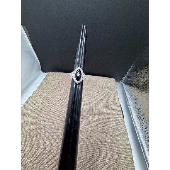 Black Onyx-Style Marquise CZ Halo Ring Sterling Silver Plated Size 6 - Picture 9 of 11